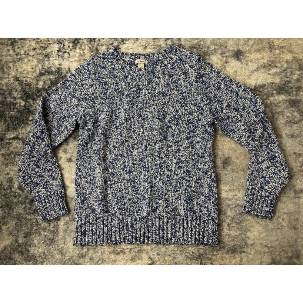 L.L. Bean Women's Marled Blue White Sweater Small Chunky‎ Knit Crew Pullover